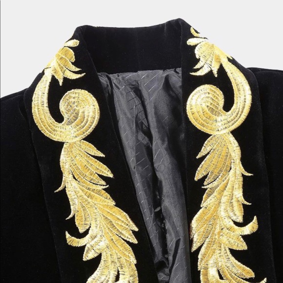 Black Velvet Gold Embroidered Tuxedo Jacket - Picture 3 of 4